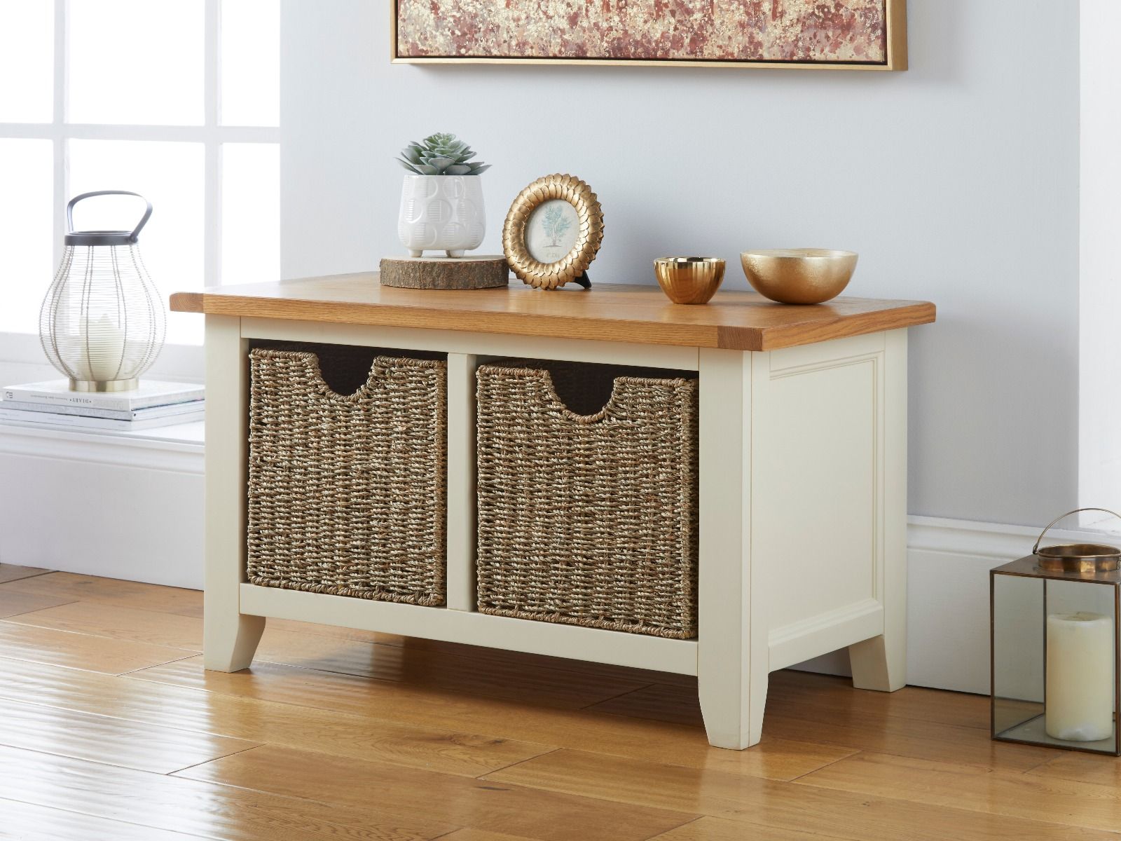Country Cottage Cream Painted Oak Shoe Storage Bench with 2 Baskets - 25% OFF FLASH SALE