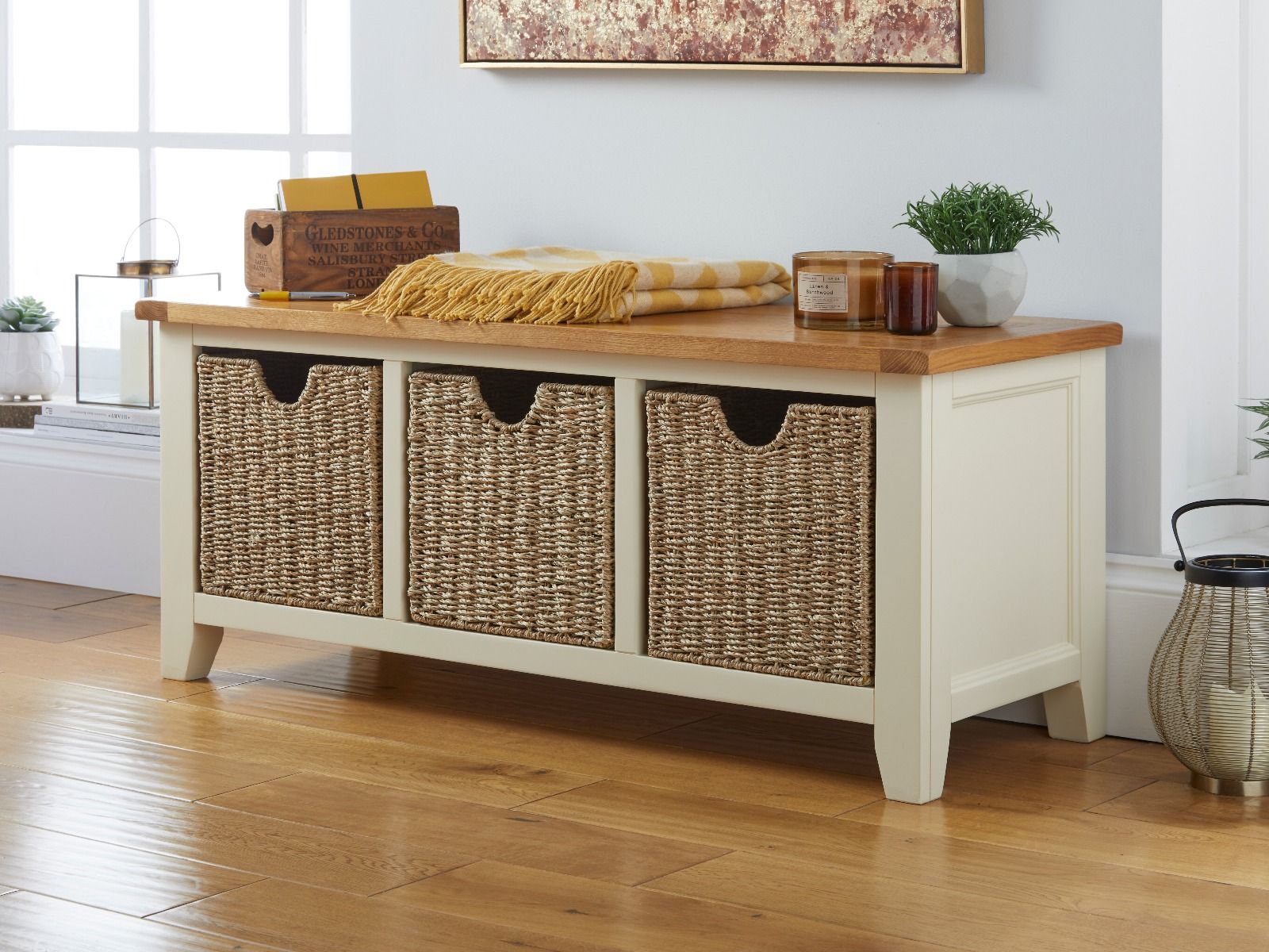 Country Cottage Cream Painted Oak Shoe Storage Bench with 3 Baskets - 25% OFF FLASH SALE