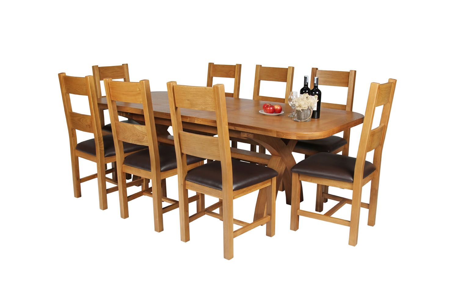Country Oak 230cm Cross Leg Oval Table and 8 Chester Brown Leather Chairs Country Oak 230cm Cross Leg Oval Table and 8 Chester Brown Leather Chairs