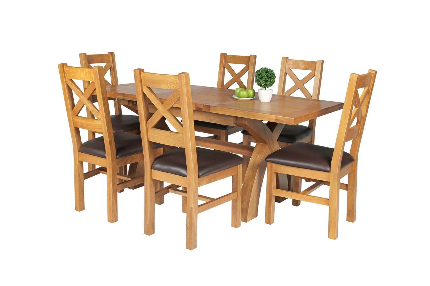 Country Oak 180cm Extending Cross Leg Square Table and 6 Windermere Brown Leather Chairs - SUMMER SALE Country Oak 180cm Extending Cross Leg Square Table and 6 Windermere Brown Leather Chairs - SUMMER SALE