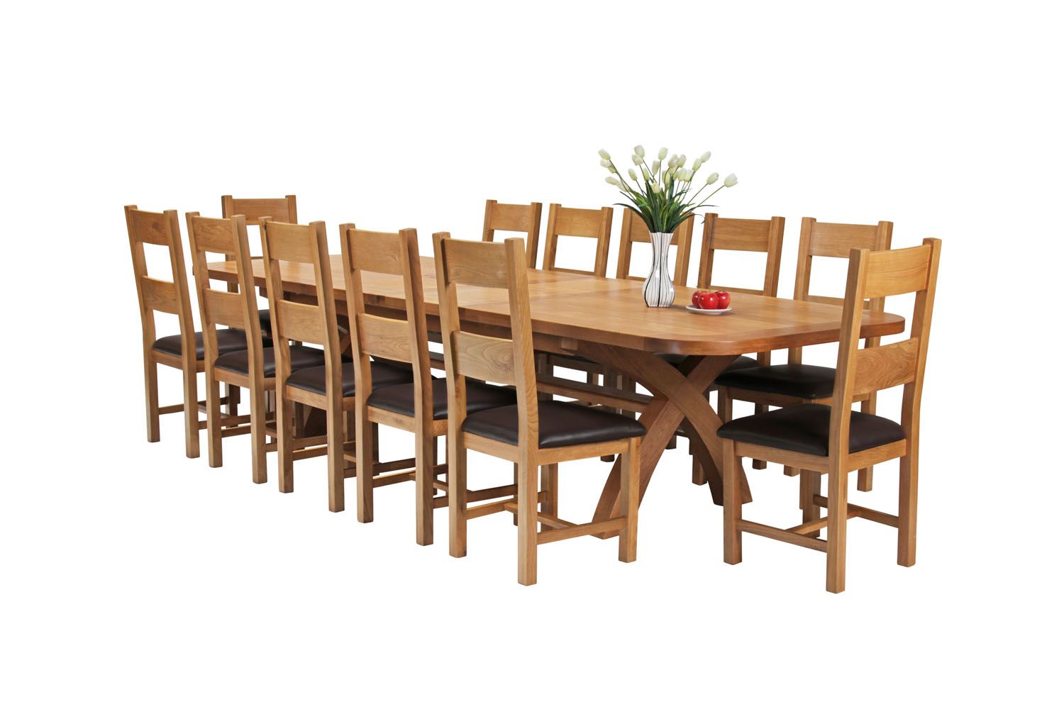 Country Oak 340cm Extending Cross Leg Oval Table and 12 Chester Brown Leather Chairs Country Oak 340cm Extending Cross Leg Oval Table and 12 Chester Brown Leather Chairs
