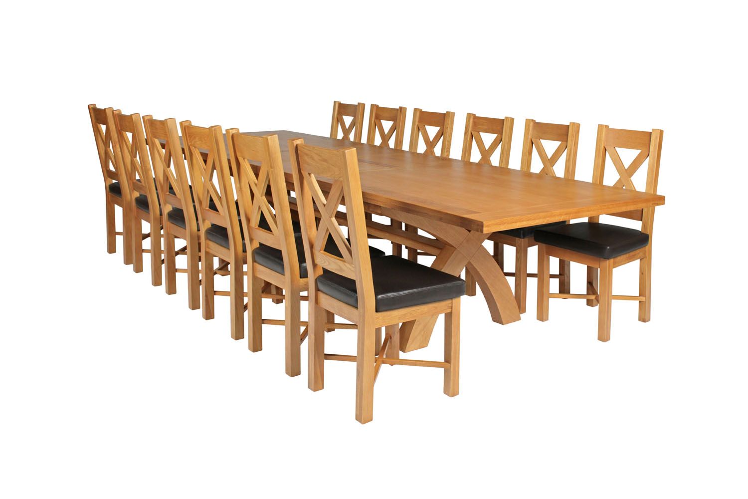 Country Oak 340cm Extending Cross Leg Square Table and 12 Grasmere Brown Leather Chairs Country Oak 340cm Extending Cross Leg Square Table and 12 Grasmere Brown Leather Chairs