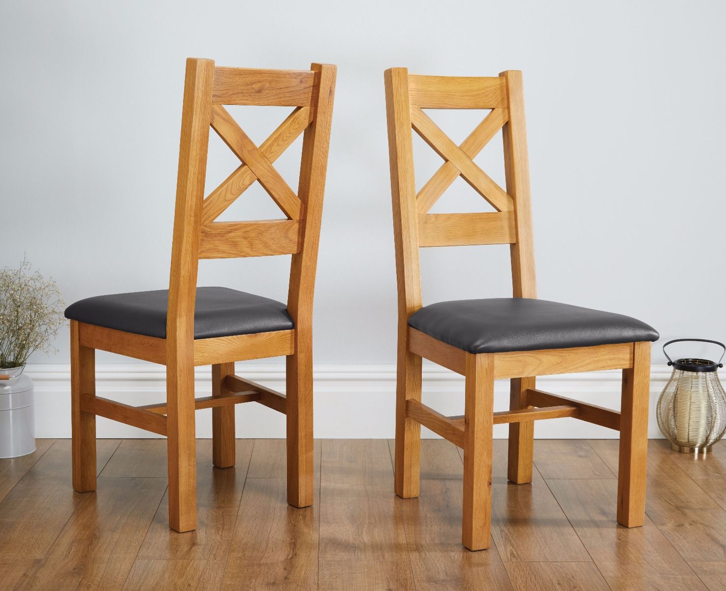 Windermere Cross Back Oak Chair With Black Leather Seat - £30 OFF FLASH SALE Windermere Cross Back Oak Chair With Black Leather Seat - £30 OFF FLASH SALE