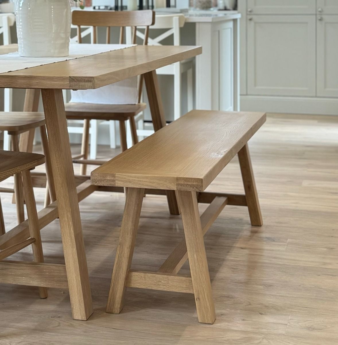 Doveridge 160cm Whitewash Limed Oak Trestle Dining Bench - £50 OFF SUMMER SALE Doveridge 160cm Whitewash Limed Oak Trestle Dining Bench - £50 OFF SUMMER SALE