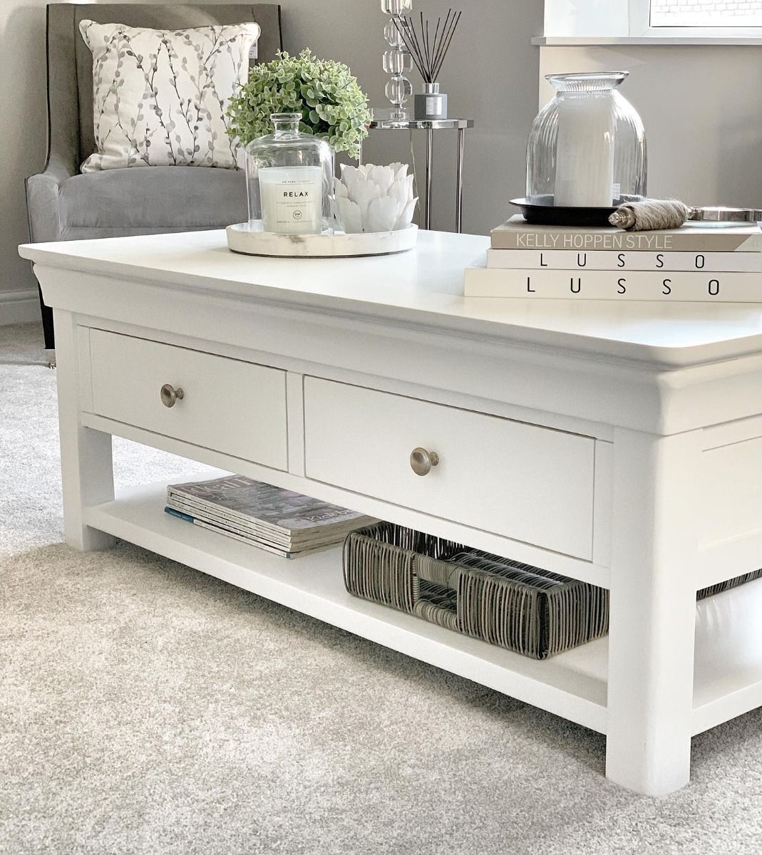 Toulouse White Painted Large Assembled Coffee Table 4 Drawers with Shelf - SUMMER SALE